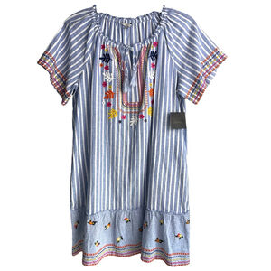 John Mark Womens Large Happy Days Blue Striped Linen Blend Knee Length Dress NWT